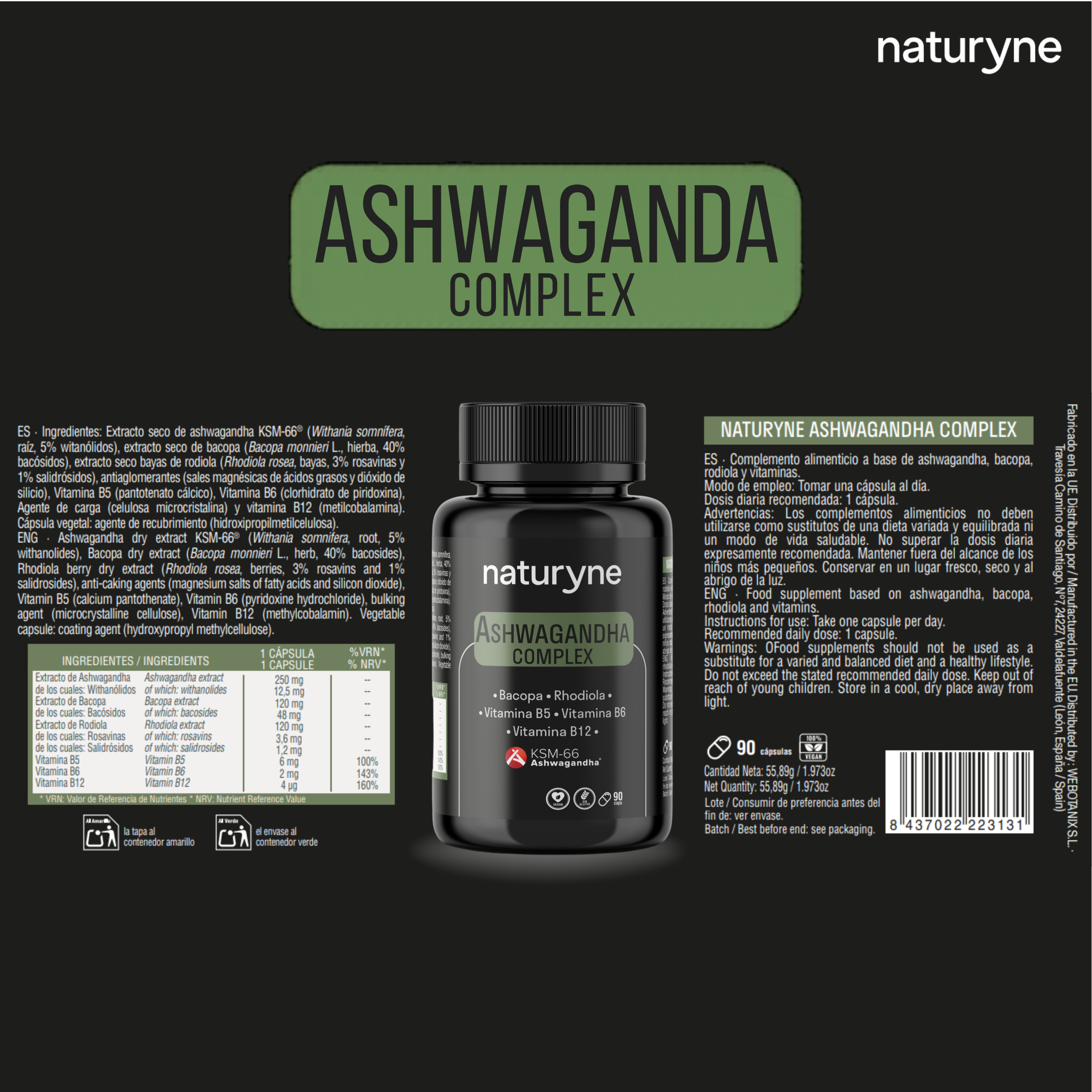 Naturyne – Ashwagandha Complex KSM-66® – Ashwagandha con Bacopa y Rhodiola Rosea – Vitaminas B5, B6 y B12 – Complejo Adaptógeno y Nootrópico – 90 Cápsulas Veganas – Sin Gluten