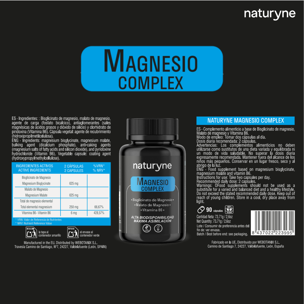 Naturyne Magnesio Complex | Bisglicinato & Malato con Vitamina B6 | Alta Biodisponibilidad | 90 Cápsulas Veganas