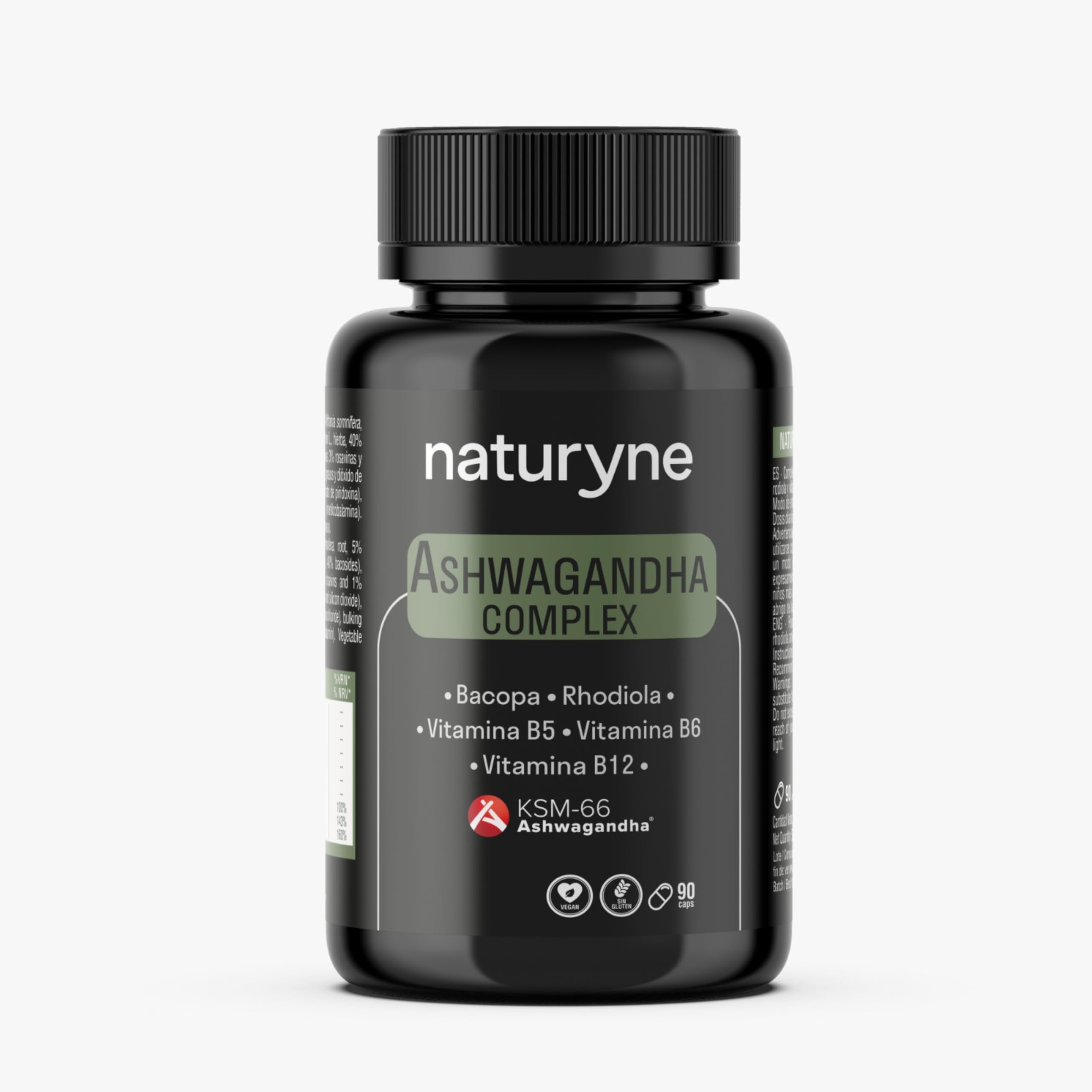 Naturyne – Ashwagandha Complex KSM-66® – Ashwagandha con Bacopa y Rhodiola Rosea – Vitaminas B5, B6 y B12 – Complejo Adaptógeno y Nootrópico – 90 Cápsulas Veganas – Sin Gluten