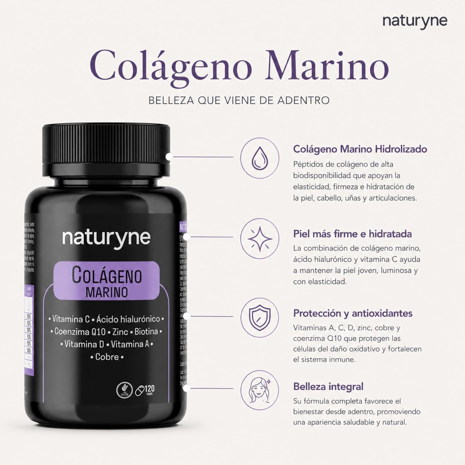 Naturyne - Colágeno Marino con Ácido Hialurónico y Vitamina C 120 Cápsulas - Colágeno Hidrolizado Marino con Biotina, Zinc, Coenzima Q10, Vitaminas A y D - Cabello, Piel y Uñas