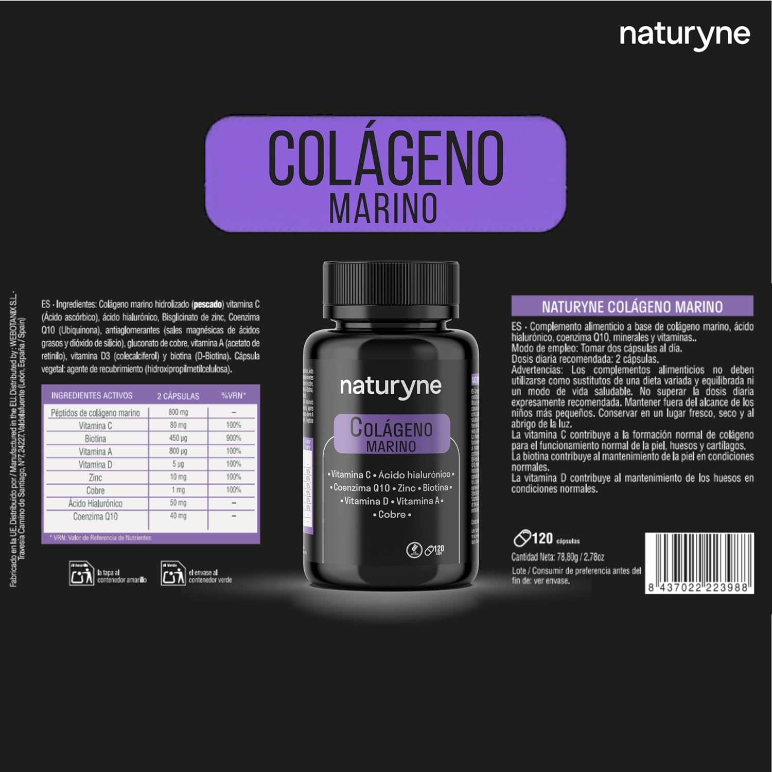 Naturyne - Colágeno Marino con Ácido Hialurónico y Vitamina C 120 Cápsulas - Colágeno Hidrolizado Marino con Biotina, Zinc, Coenzima Q10, Vitaminas A y D - Cabello, Piel y Uñas