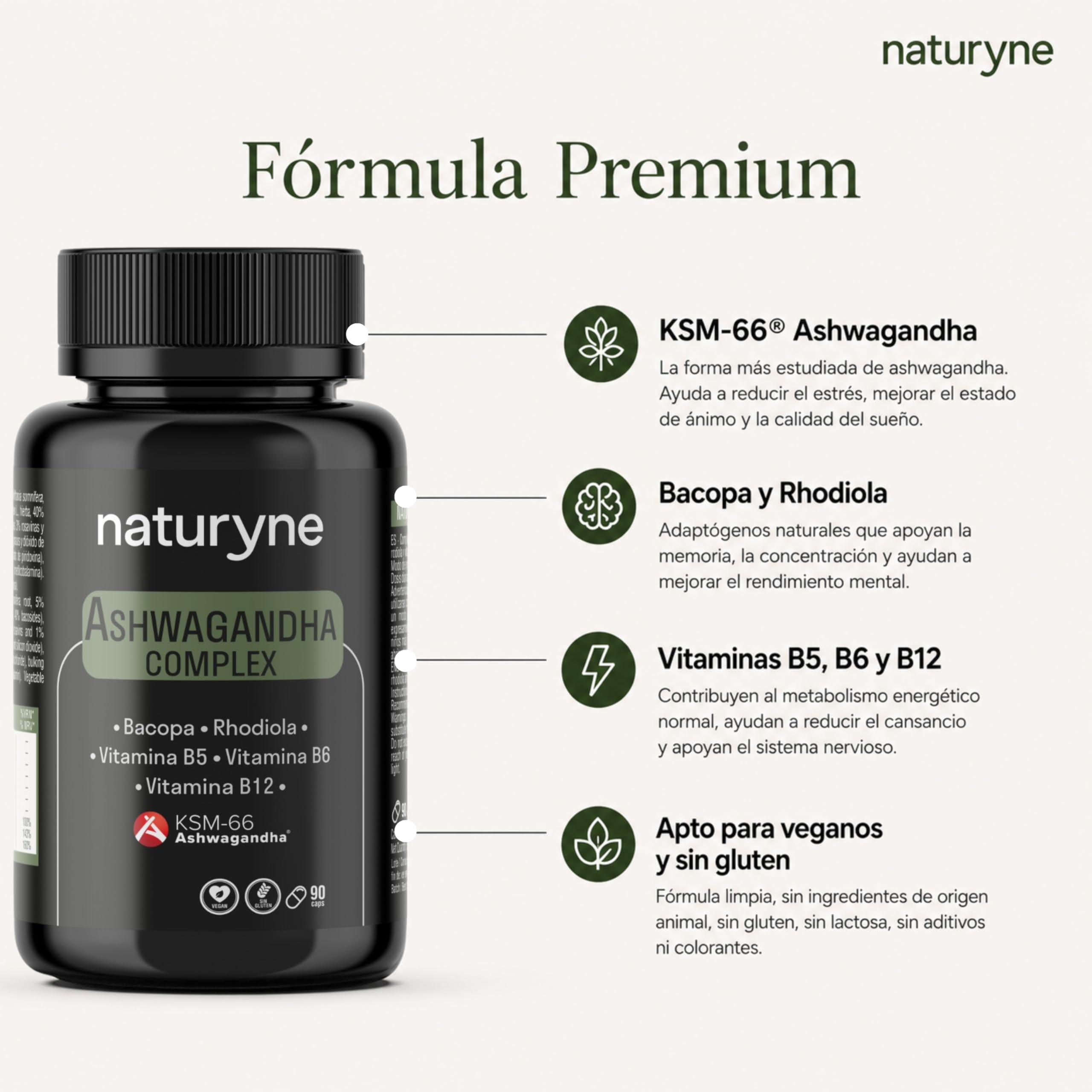 Naturyne – Ashwagandha Complex KSM-66® – Ashwagandha con Bacopa y Rhodiola Rosea – Vitaminas B5, B6 y B12 – Complejo Adaptógeno y Nootrópico – 90 Cápsulas Veganas – Sin Gluten