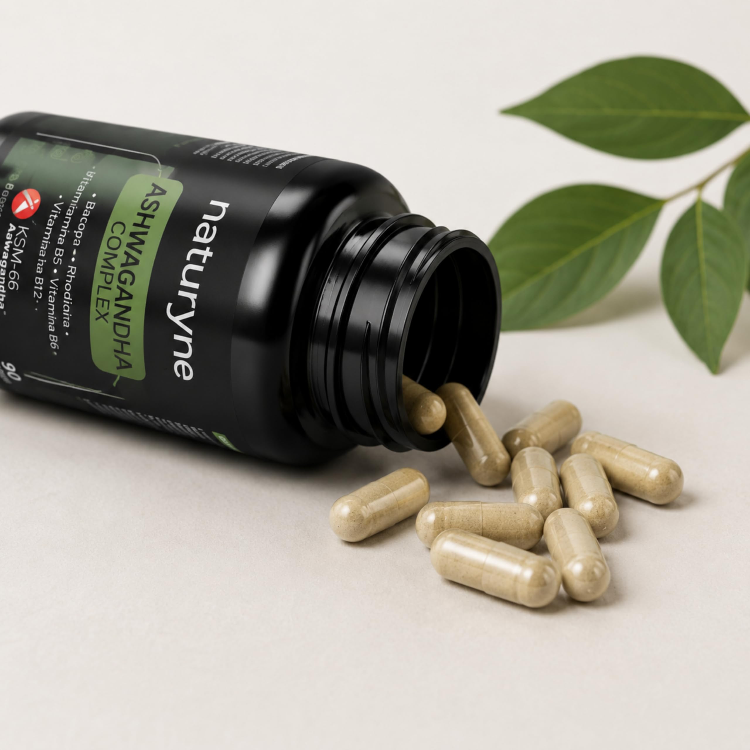 Naturyne – Ashwagandha Complex KSM-66® – Ashwagandha con Bacopa y Rhodiola Rosea – Vitaminas B5, B6 y B12 – Complejo Adaptógeno y Nootrópico – 90 Cápsulas Veganas – Sin Gluten