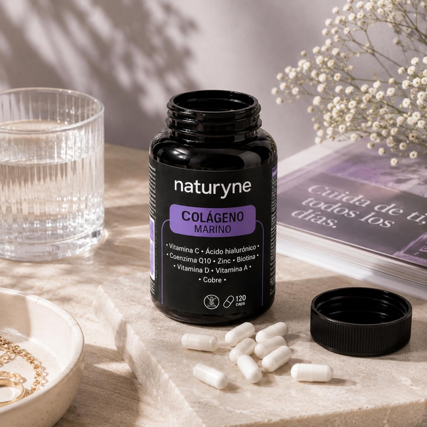 Naturyne - Colágeno Marino con Ácido Hialurónico y Vitamina C 120 Cápsulas - Colágeno Hidrolizado Marino con Biotina, Zinc, Coenzima Q10, Vitaminas A y D - Cabello, Piel y Uñas