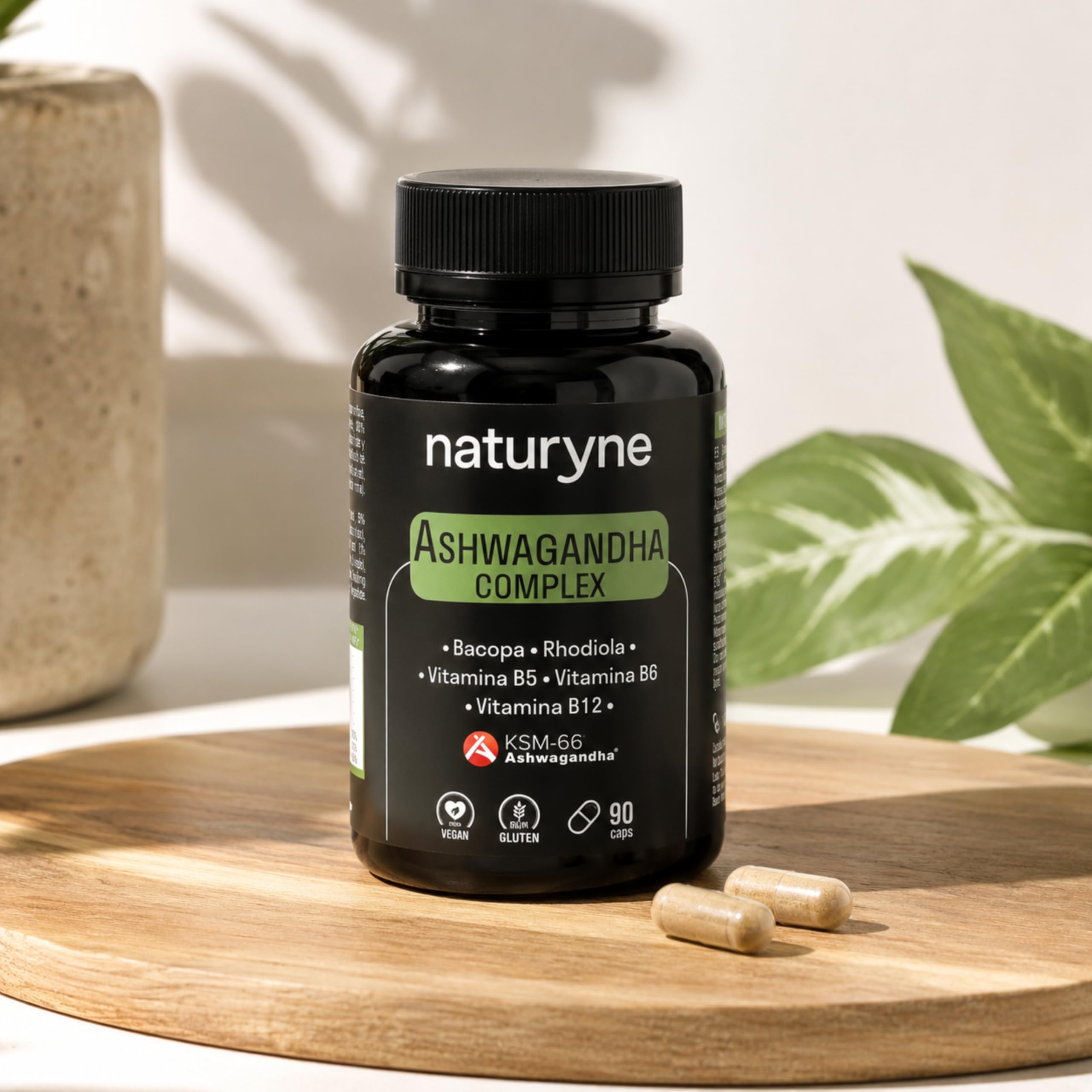 Naturyne – Ashwagandha Complex KSM-66® – Ashwagandha con Bacopa y Rhodiola Rosea – Vitaminas B5, B6 y B12 – Complejo Adaptógeno y Nootrópico – 90 Cápsulas Veganas – Sin Gluten