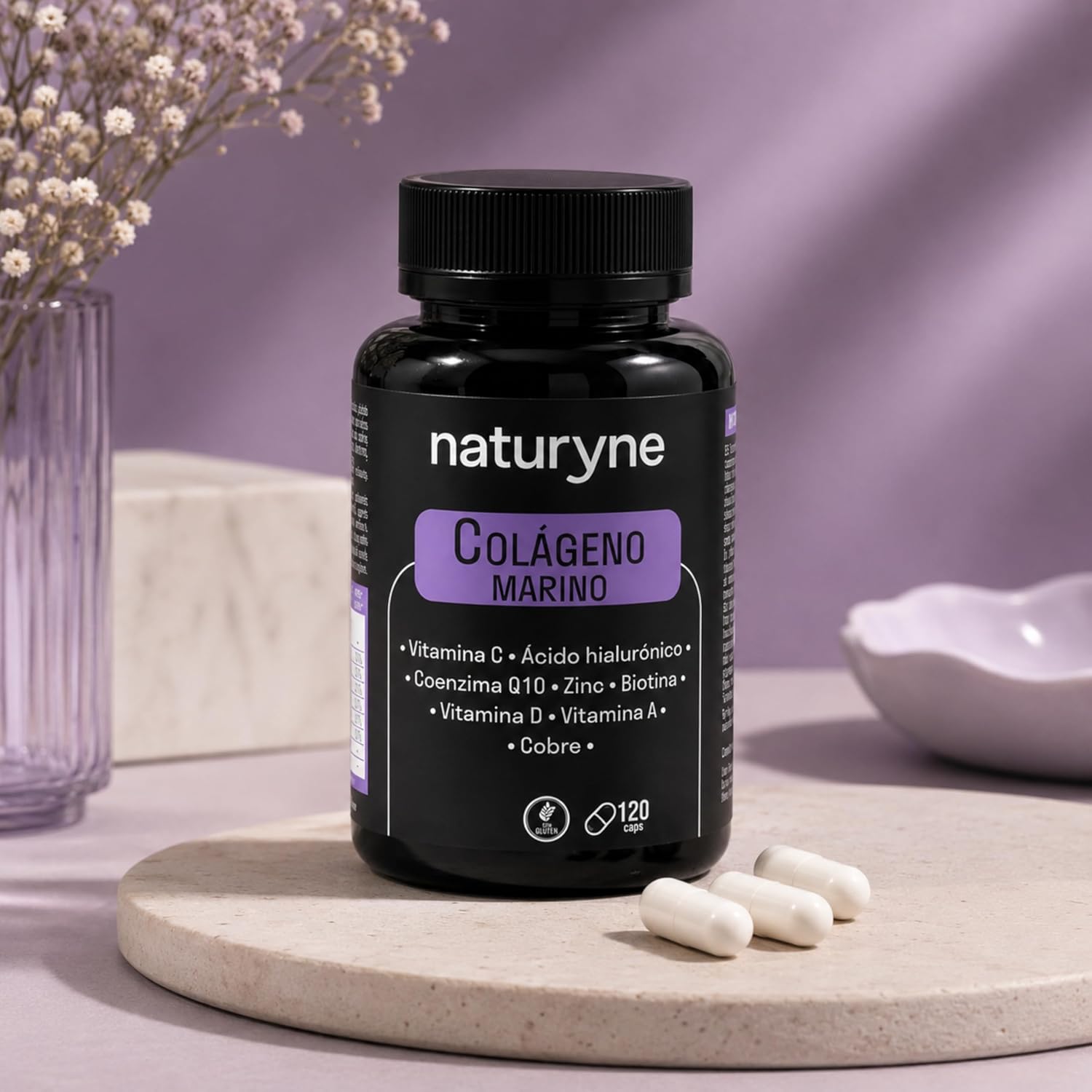 Naturyne - Colágeno Marino con Ácido Hialurónico y Vitamina C 120 Cápsulas - Colágeno Hidrolizado Marino con Biotina, Zinc, Coenzima Q10, Vitaminas A y D - Cabello, Piel y Uñas